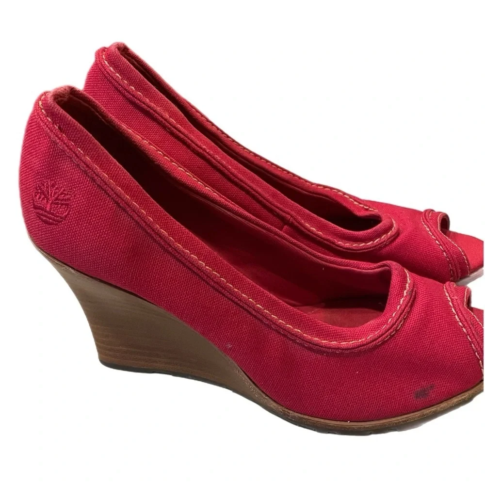 🌟Vintage🌟 Timberland canvas peep toe wedges in red size 8.5M SH3